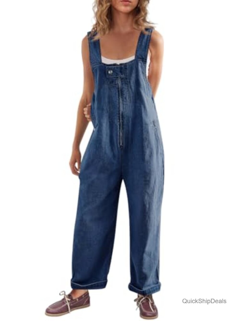 Womens Denim Bib Overalls Wide Leg Zipper Front Jumpsuit Sleeveless